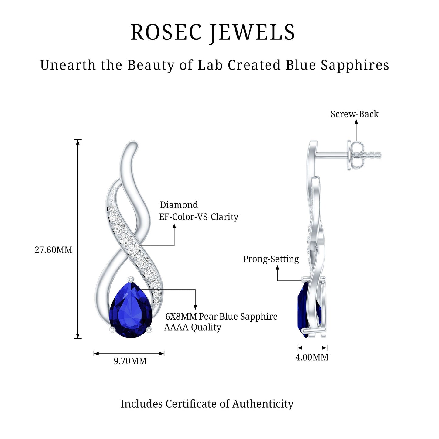 Lab Grown Blue Sapphire Infinity Drop Earrings with Diamond