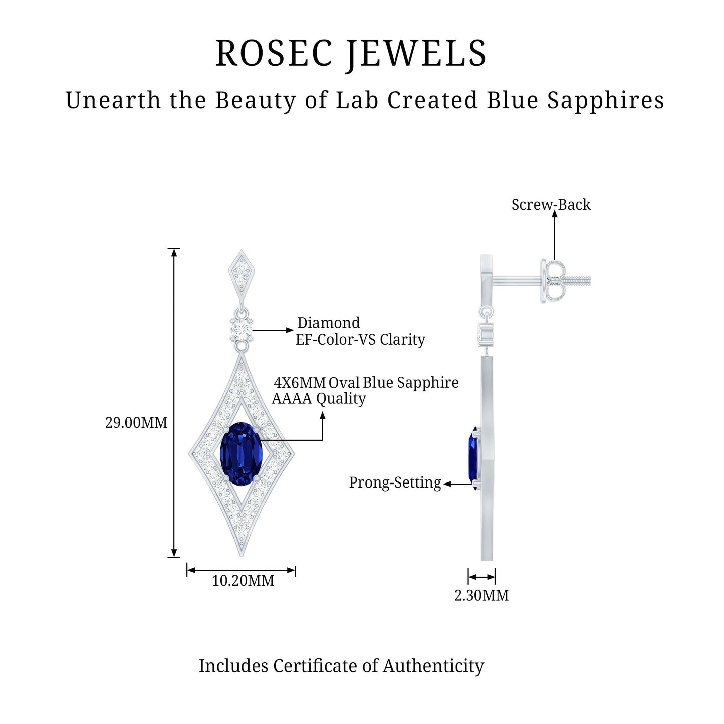 Lab Grown Blue Sapphire Dangle Drop Earrings With Diamond