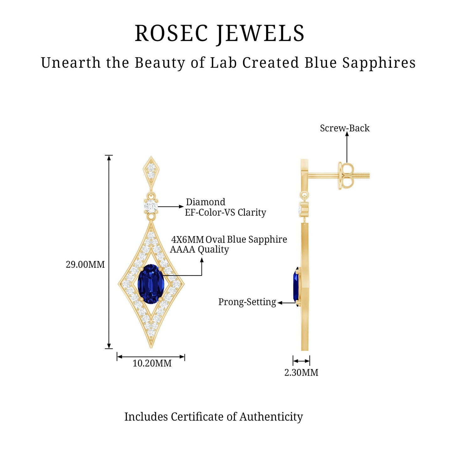 Lab Grown Blue Sapphire Dangle Drop Earrings With Diamond