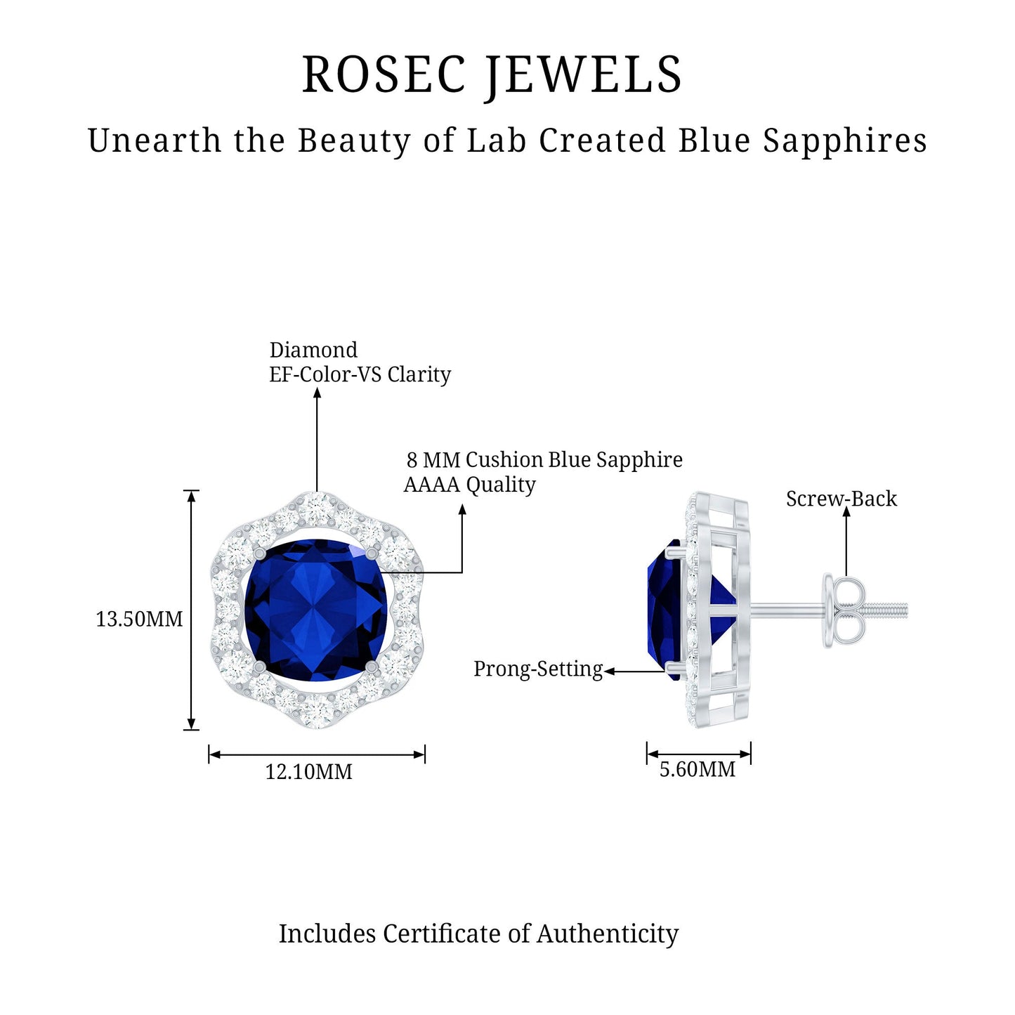 Classic Lab Grown Blue Sapphire Halo Stud Earrings with Diamond