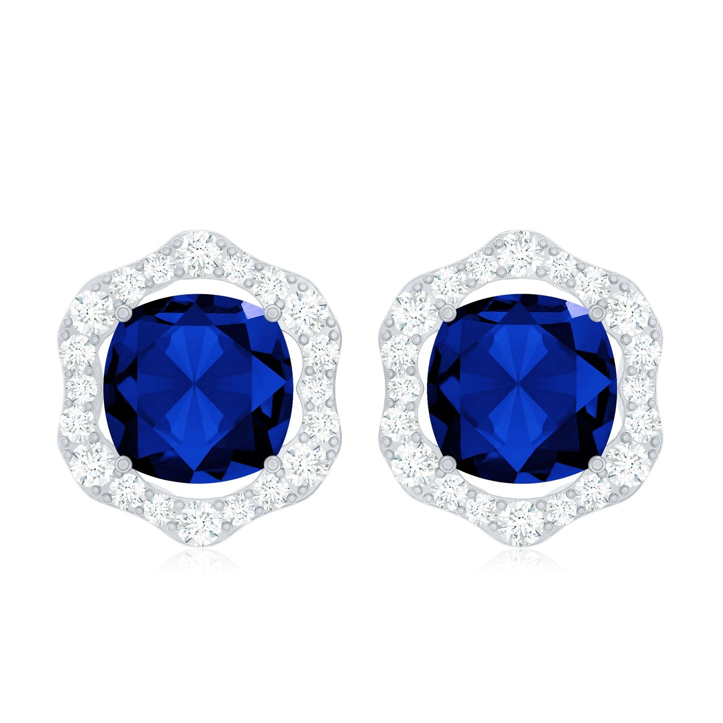 Classic Lab Grown Blue Sapphire Halo Stud Earrings with Diamond