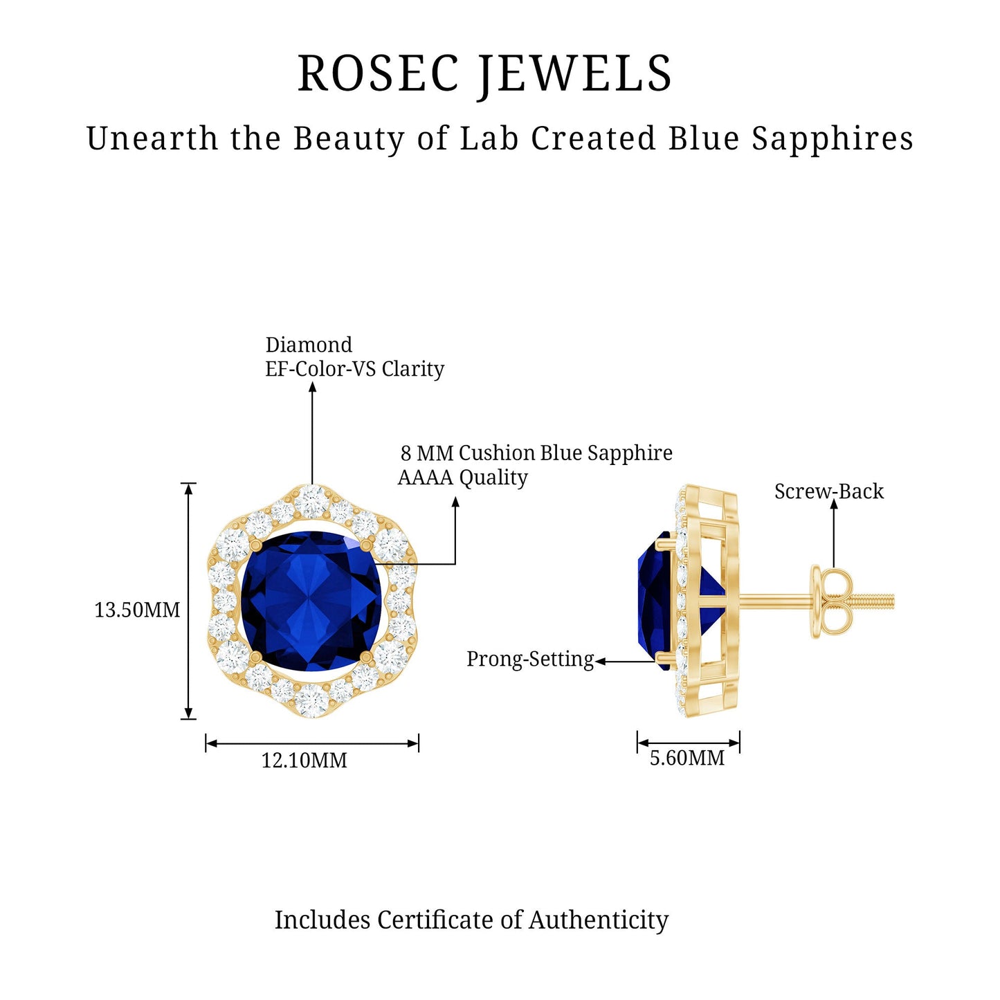 Classic Lab Grown Blue Sapphire Halo Stud Earrings with Diamond