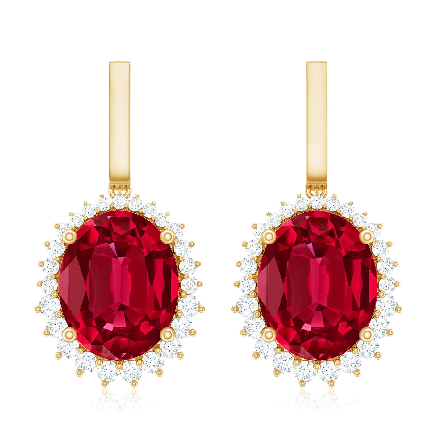 Lab Grown Ruby Vintage Inspired Earrings with Diamond Halo