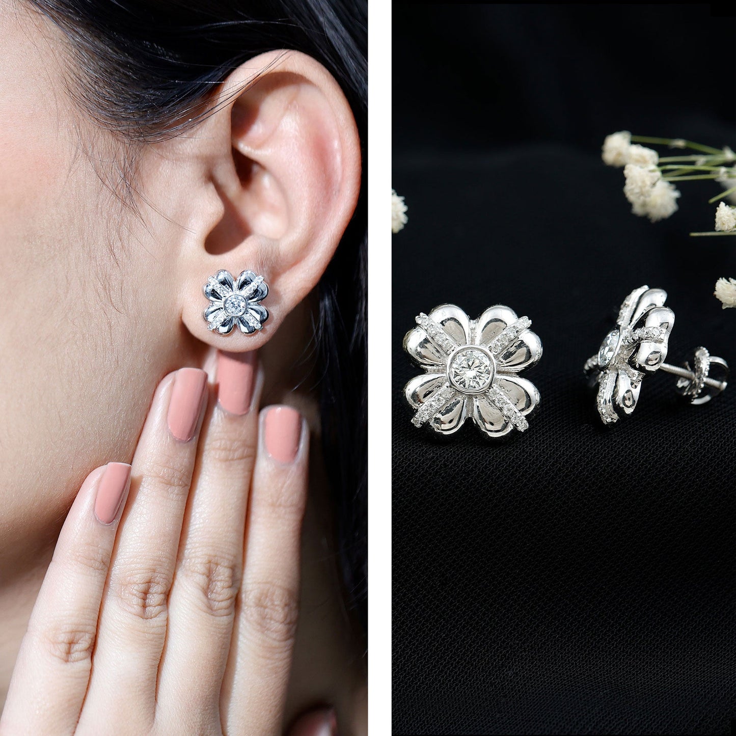 Lab Grown Diamond Flower Stud Earrings With Screw Back