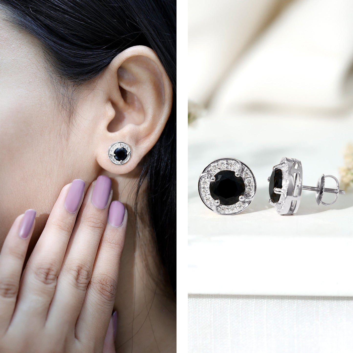 Lab Grown Black Diamond Halo Stud Earrings With Screw Back