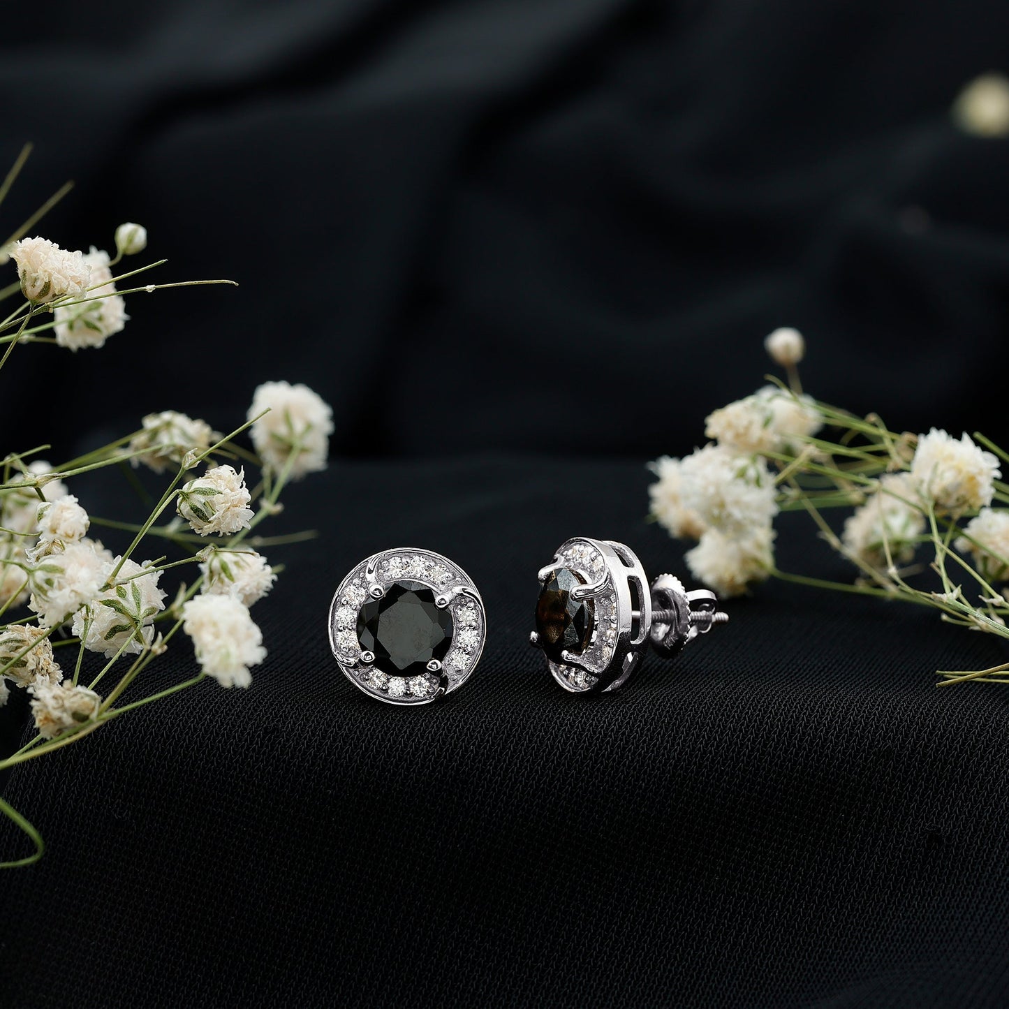 Lab Grown Black Diamond Halo Stud Earrings With Screw Back