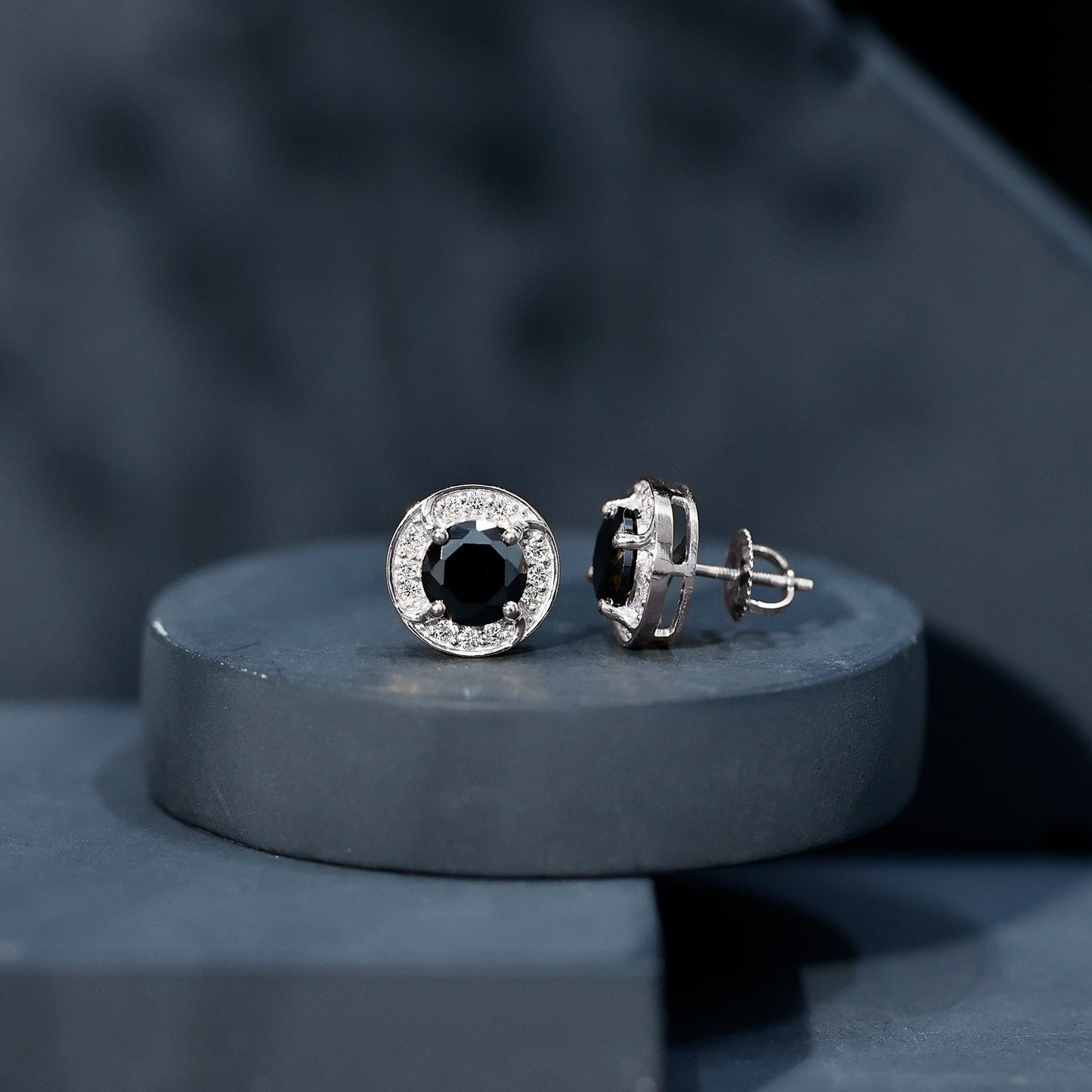Lab Grown Black Diamond Halo Stud Earrings With Screw Back