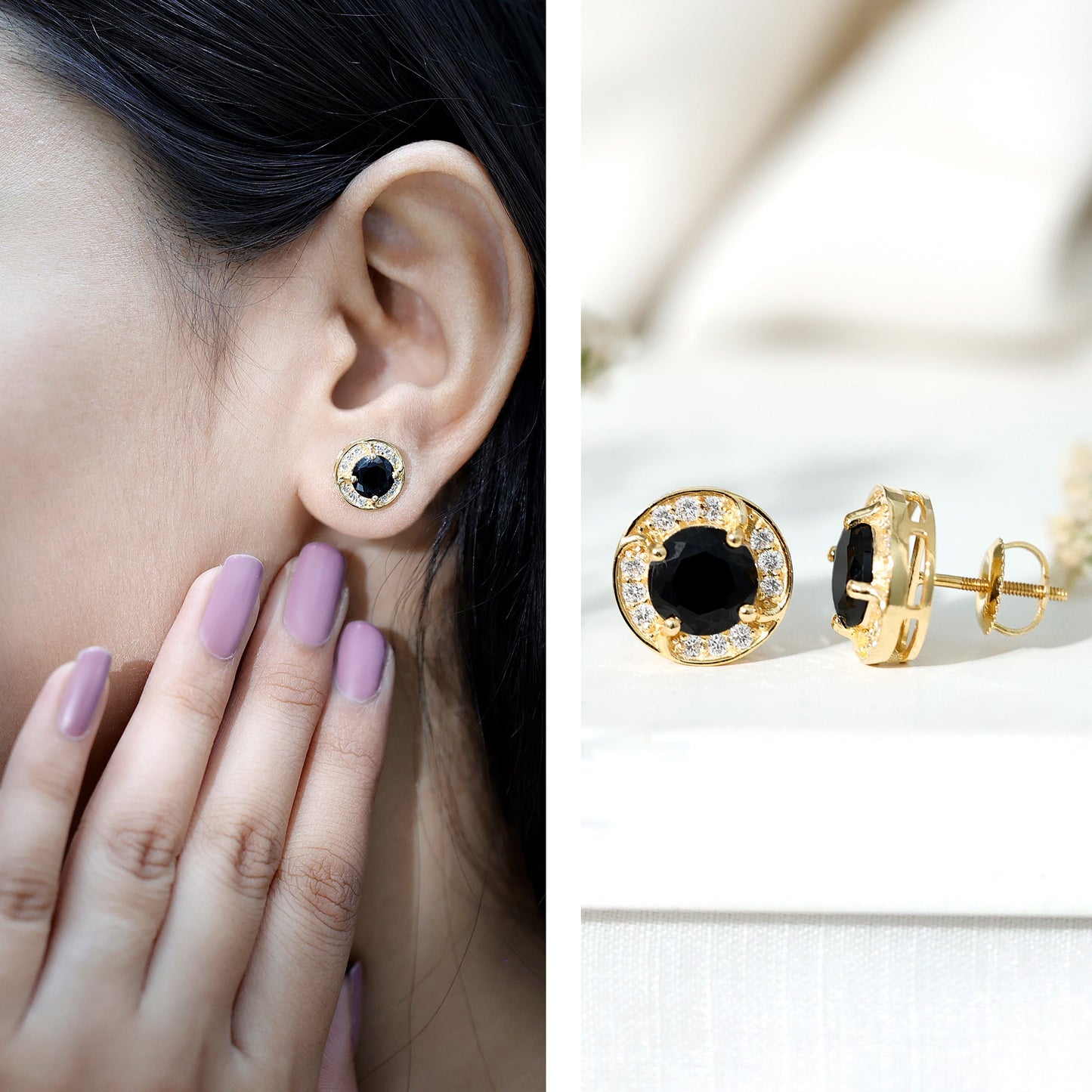 Lab Grown Black Diamond Halo Stud Earrings With Screw Back