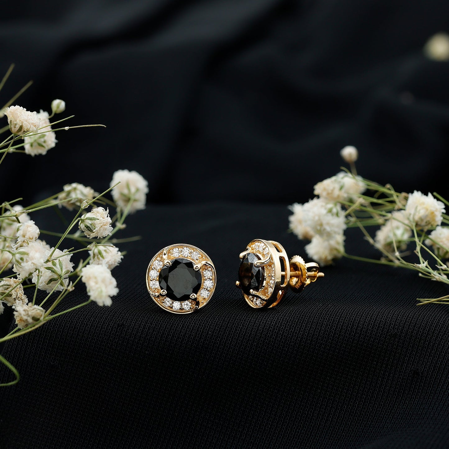 Lab Grown Black Diamond Halo Stud Earrings With Screw Back