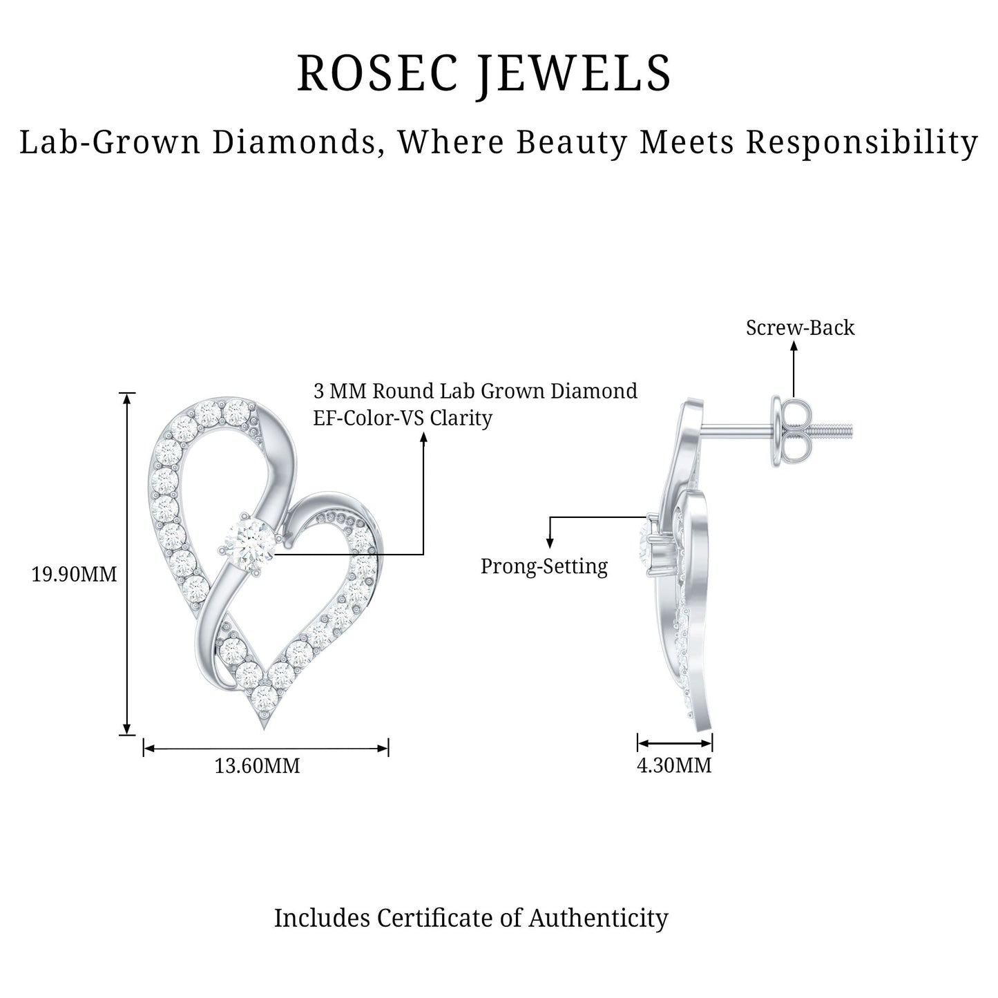 Lab Grown Diamond Heart Stud Earrings with Screw Back