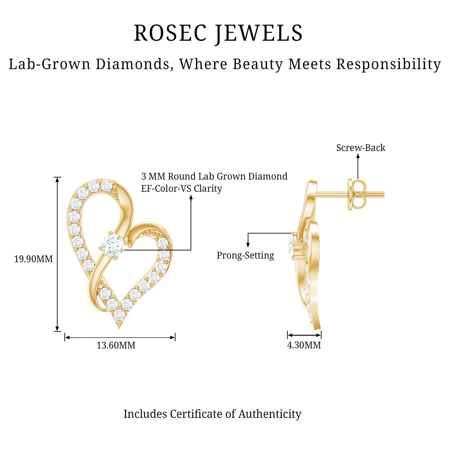 Lab Grown Diamond Heart Stud Earrings with Screw Back