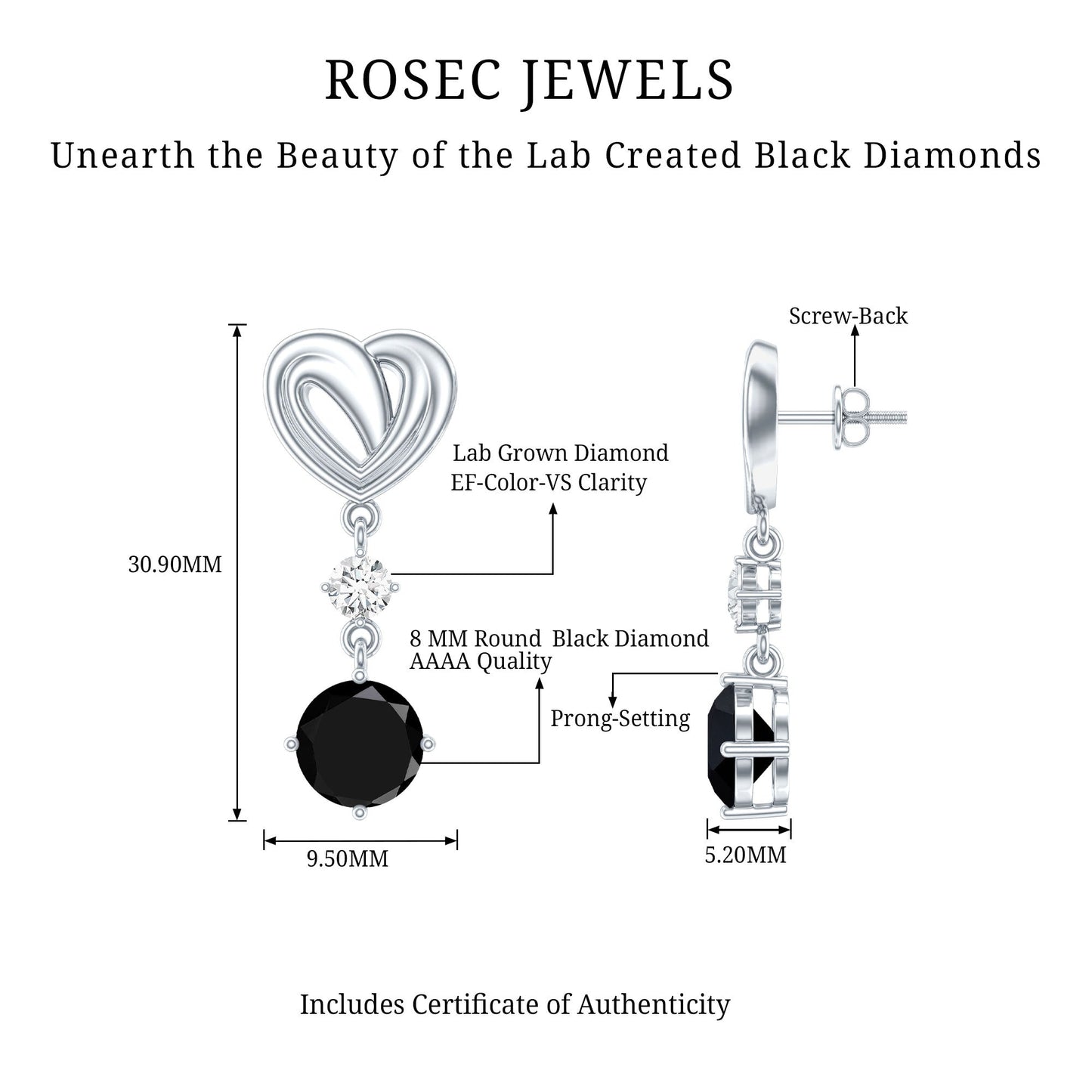 Heart Shaped Lab Grown Black Diamond Drop Earrings With Screw Back