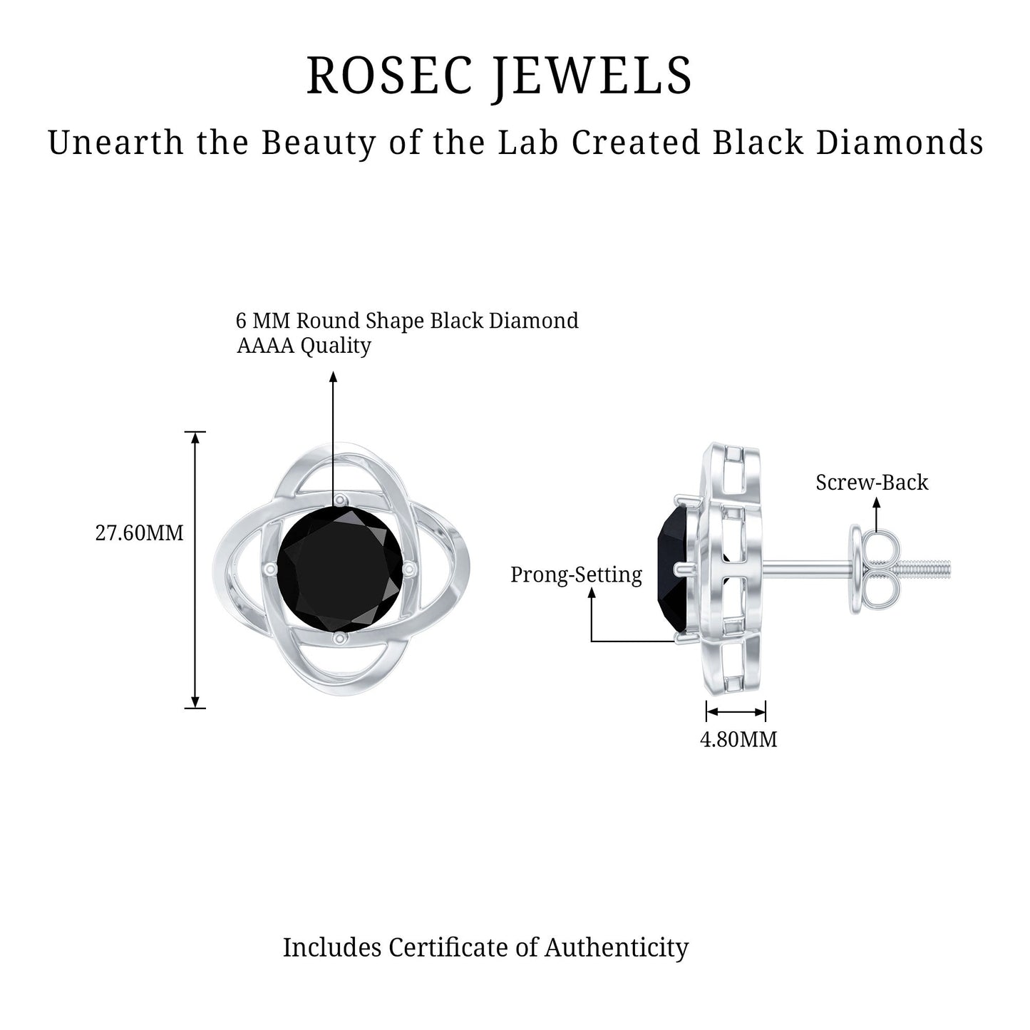 Certified Lab Grown Black Diamond Stud Earrings With Screw Back