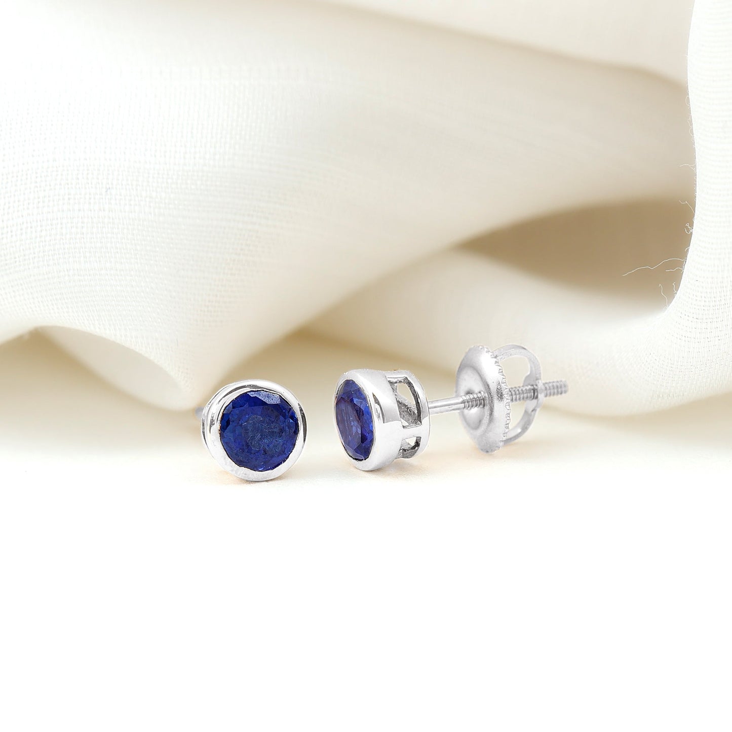 Solitaire 1.3 Carat Lab Created Blue Sapphire Stud Earrings in Bezel Setting