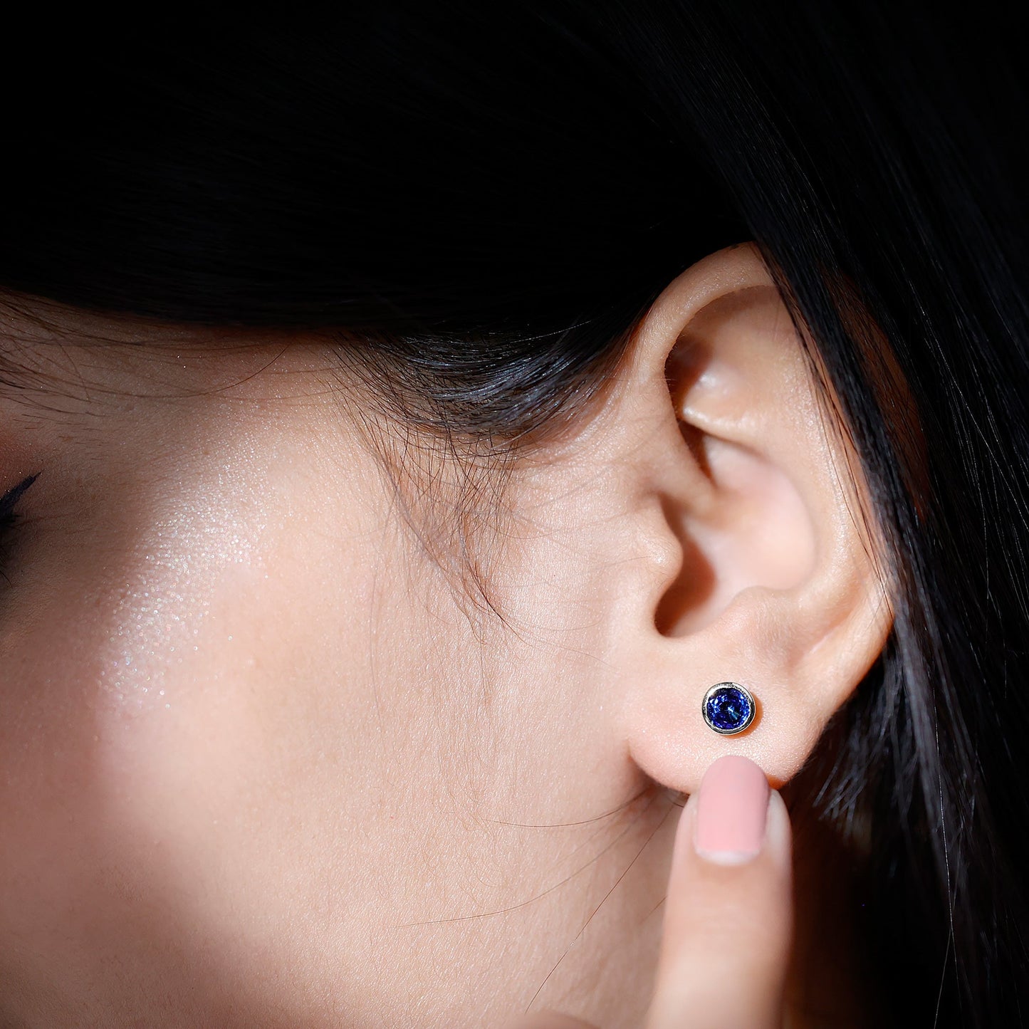 Solitaire 1.3 Carat Lab Created Blue Sapphire Stud Earrings in Bezel Setting
