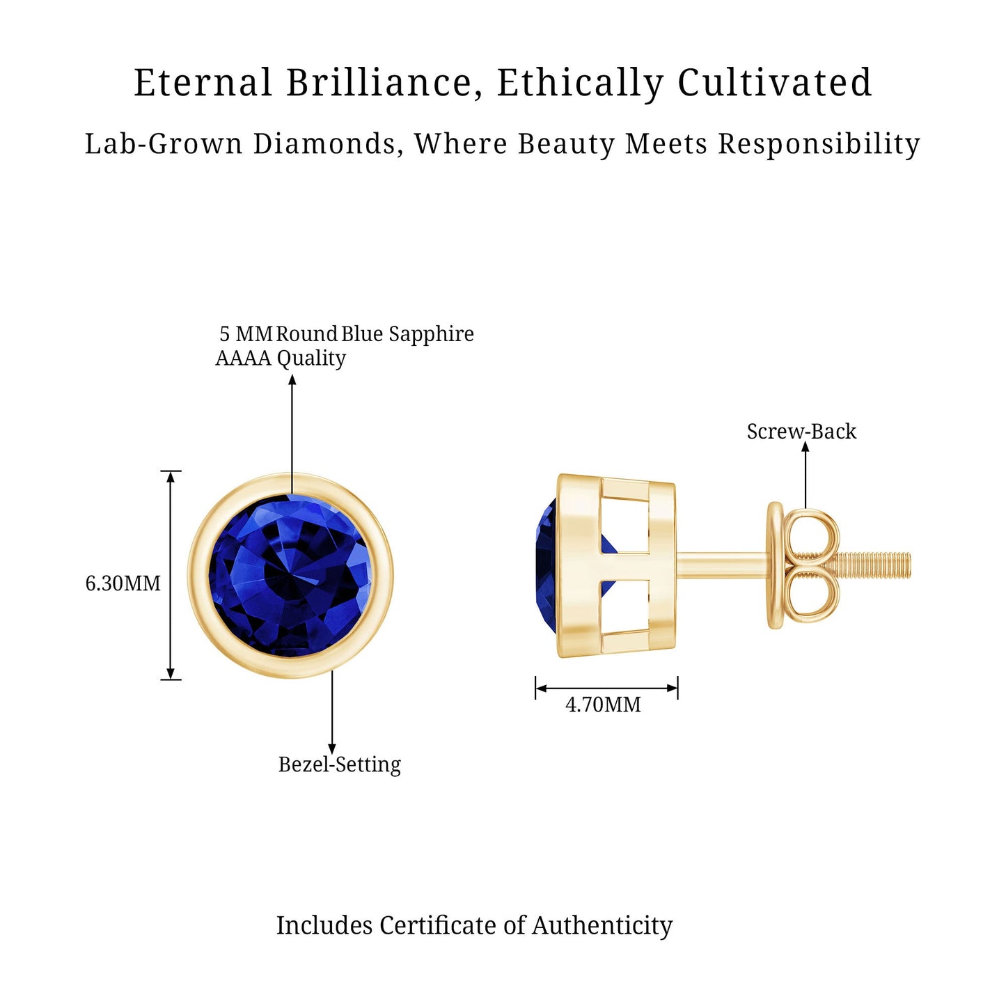 Solitaire 1.3 Carat Lab Created Blue Sapphire Stud Earrings in Bezel Setting