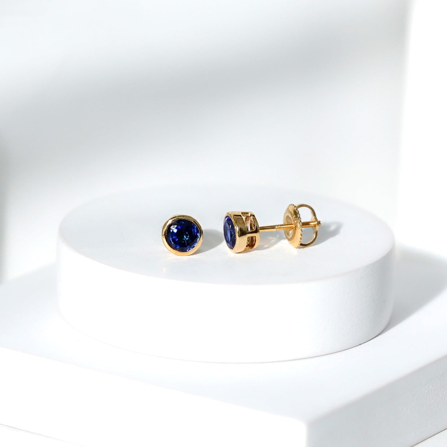 Solitaire 1.3 Carat Lab Created Blue Sapphire Stud Earrings in Bezel Setting