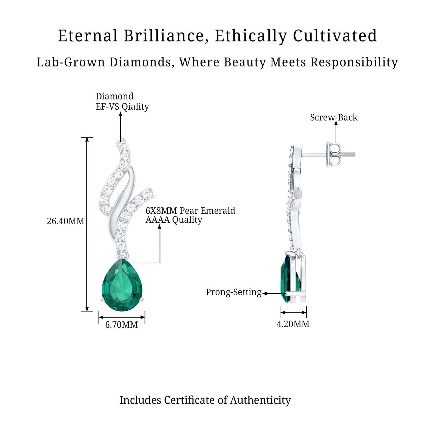 Vintage Lab Grown Emerald Teardrop Earrings with Diamond Accent