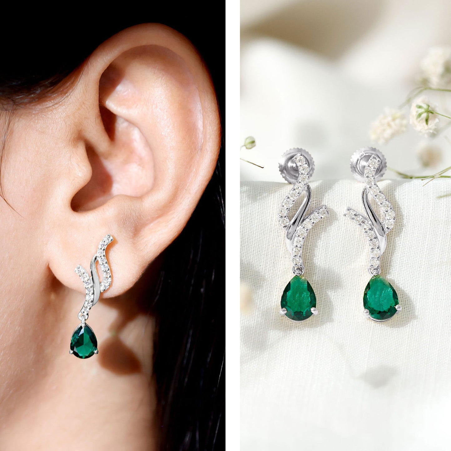 Vintage Lab Grown Emerald Teardrop Earrings with Diamond Accent