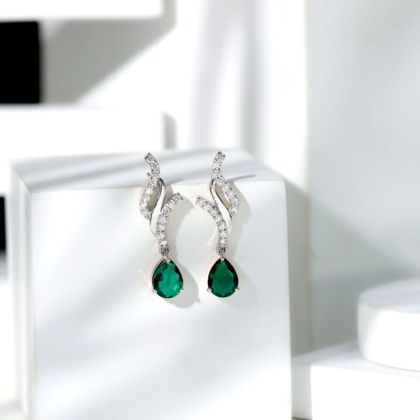 Vintage Lab Grown Emerald Teardrop Earrings with Diamond Accent