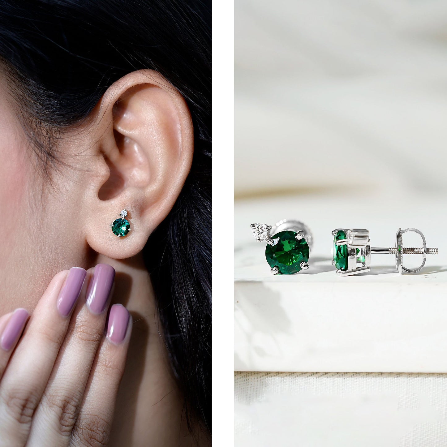 Lab Grown Emerald Screw Back Earrings With Diamond