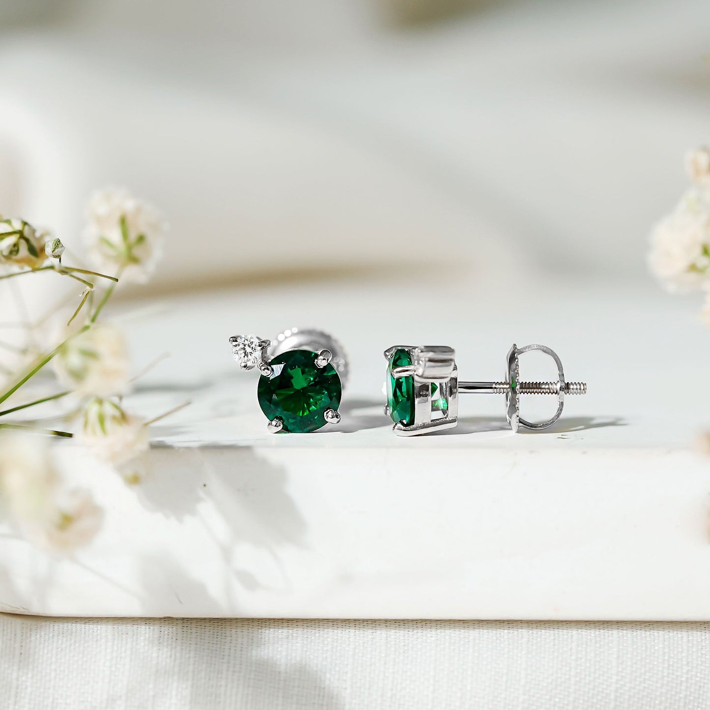 Lab Grown Emerald Screw Back Earrings With Diamond