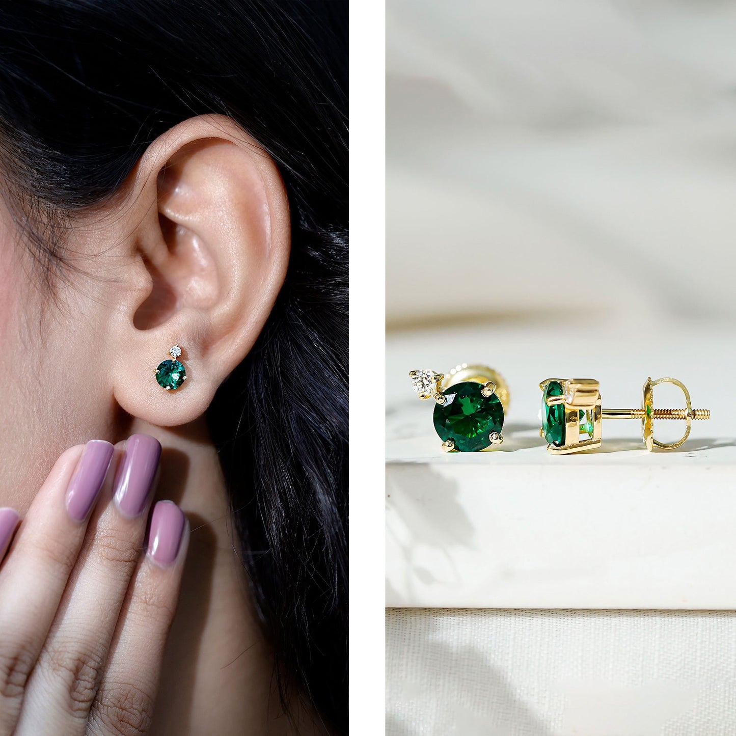 Lab Grown Emerald Screw Back Earrings With Diamond