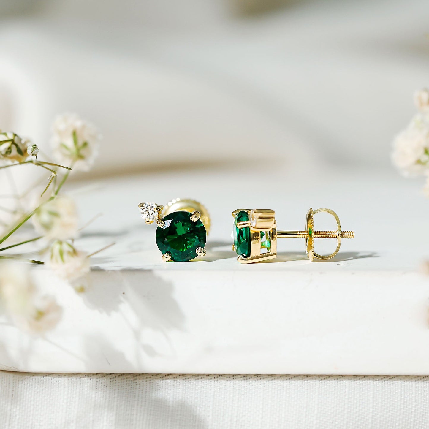 Lab Grown Emerald Screw Back Earrings With Diamond