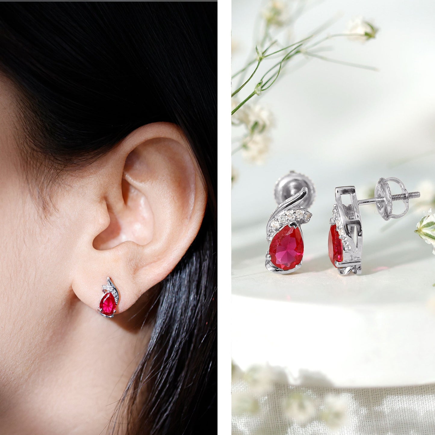Lab Created Ruby Teardrop Stud Earrings with Diamond Accent