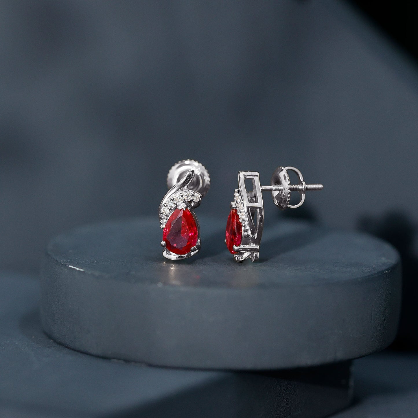Lab Created Ruby Teardrop Stud Earrings with Diamond Accent