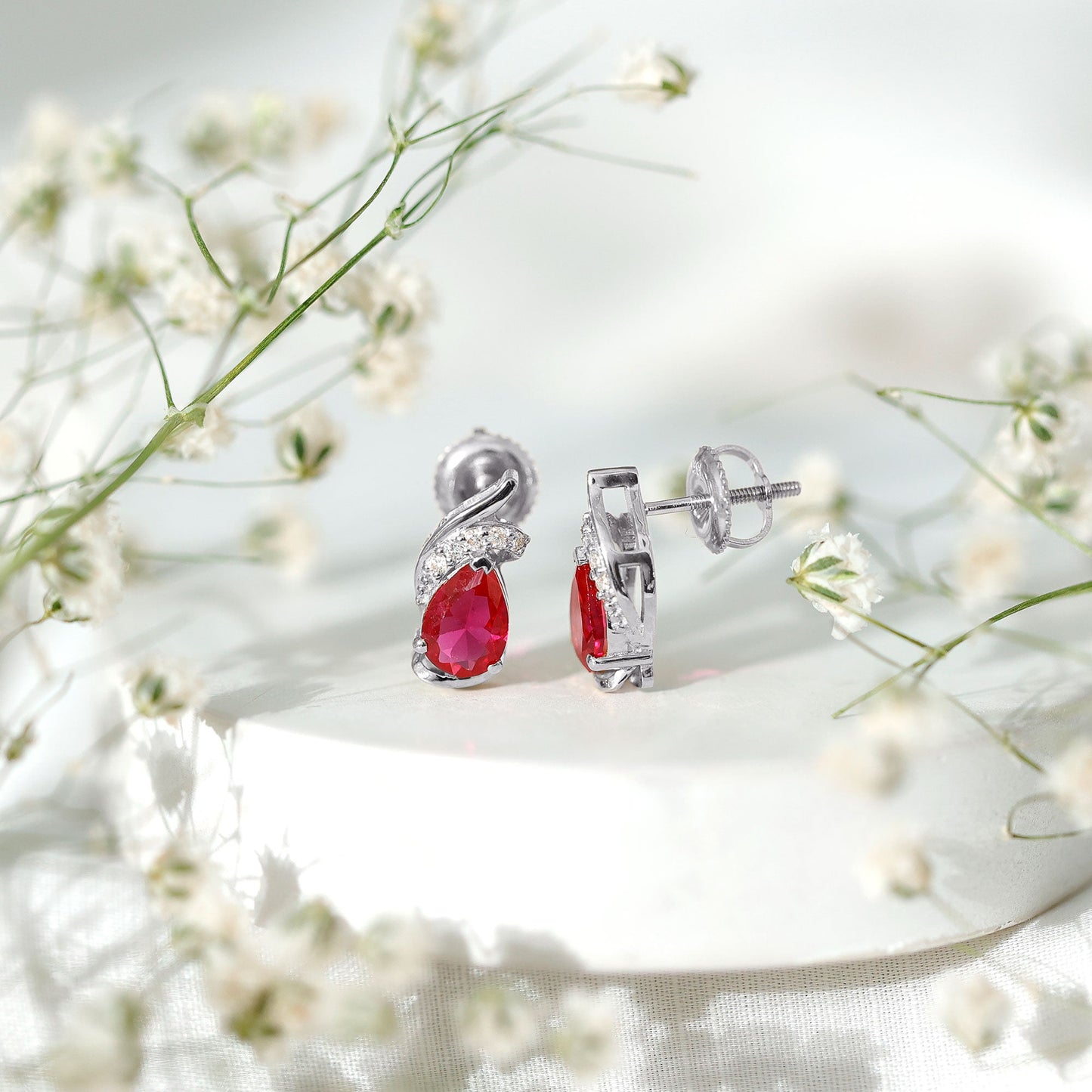 Lab Created Ruby Teardrop Stud Earrings with Diamond Accent
