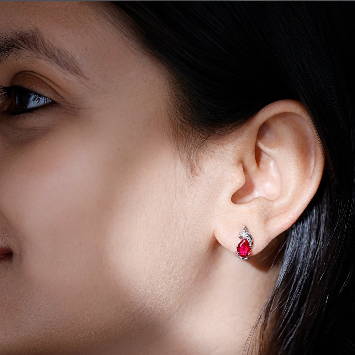 Lab Created Ruby Teardrop Stud Earrings with Diamond Accent