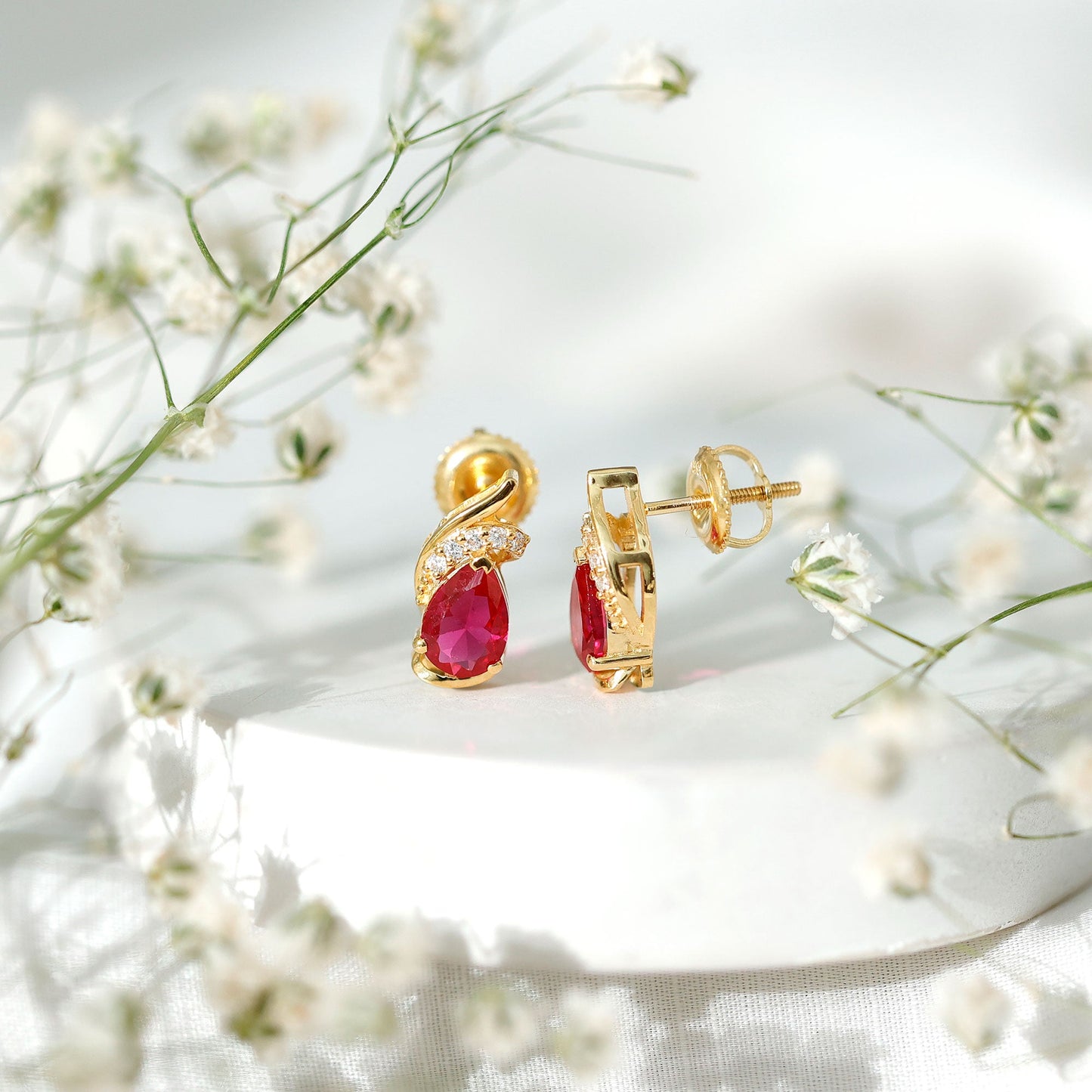 Lab Created Ruby Teardrop Stud Earrings with Diamond Accent