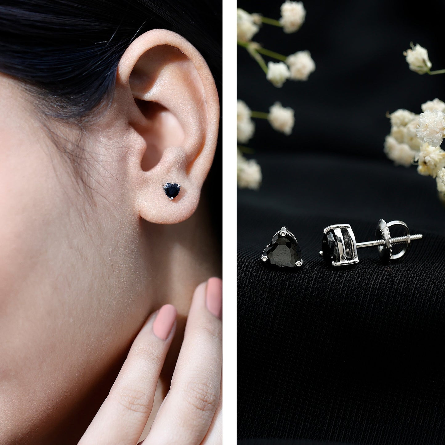 Lab Grown Black Diamond Heart Stud Earrings With Screw Back