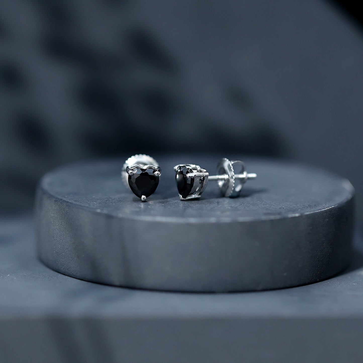 Lab Grown Black Diamond Heart Stud Earrings With Screw Back