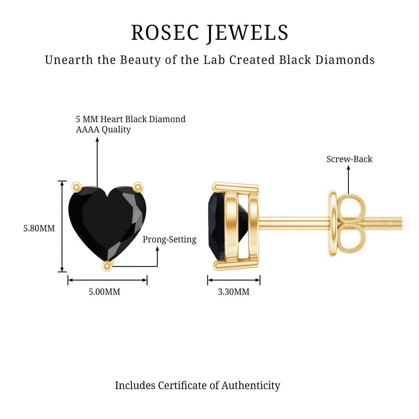 Lab Grown Black Diamond Heart Stud Earrings With Screw Back