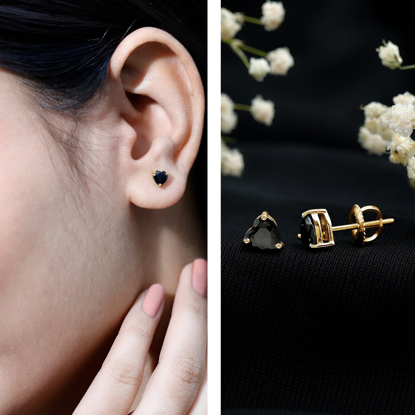 Lab Grown Black Diamond Heart Stud Earrings With Screw Back