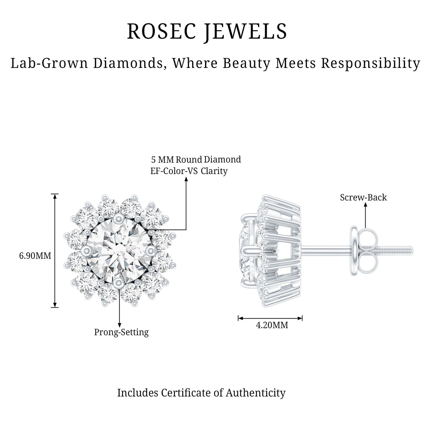 Certified 0.9 Carat Round Lab Grown Diamond Halo Stud Earrings