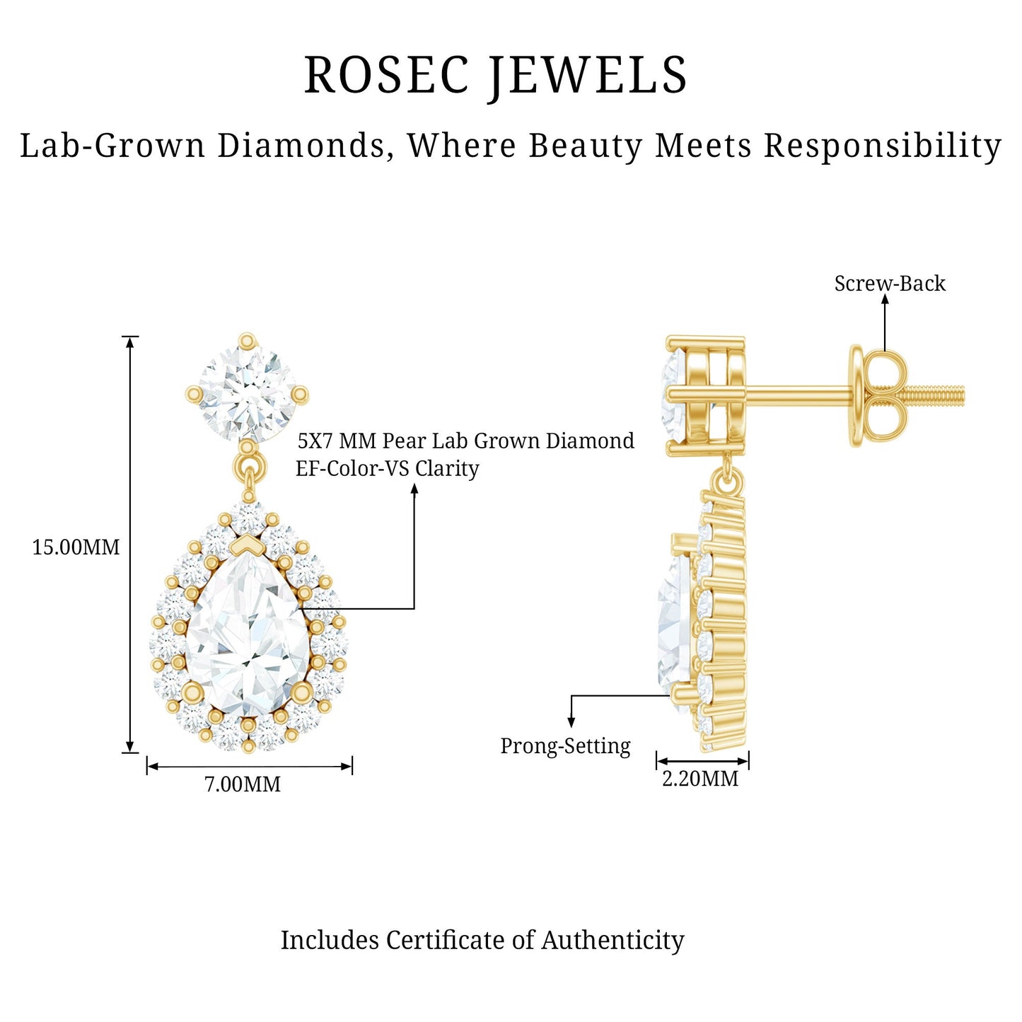 Lab 1.3 Carat Pear Shaped Diamond Bridal Drop Earrings