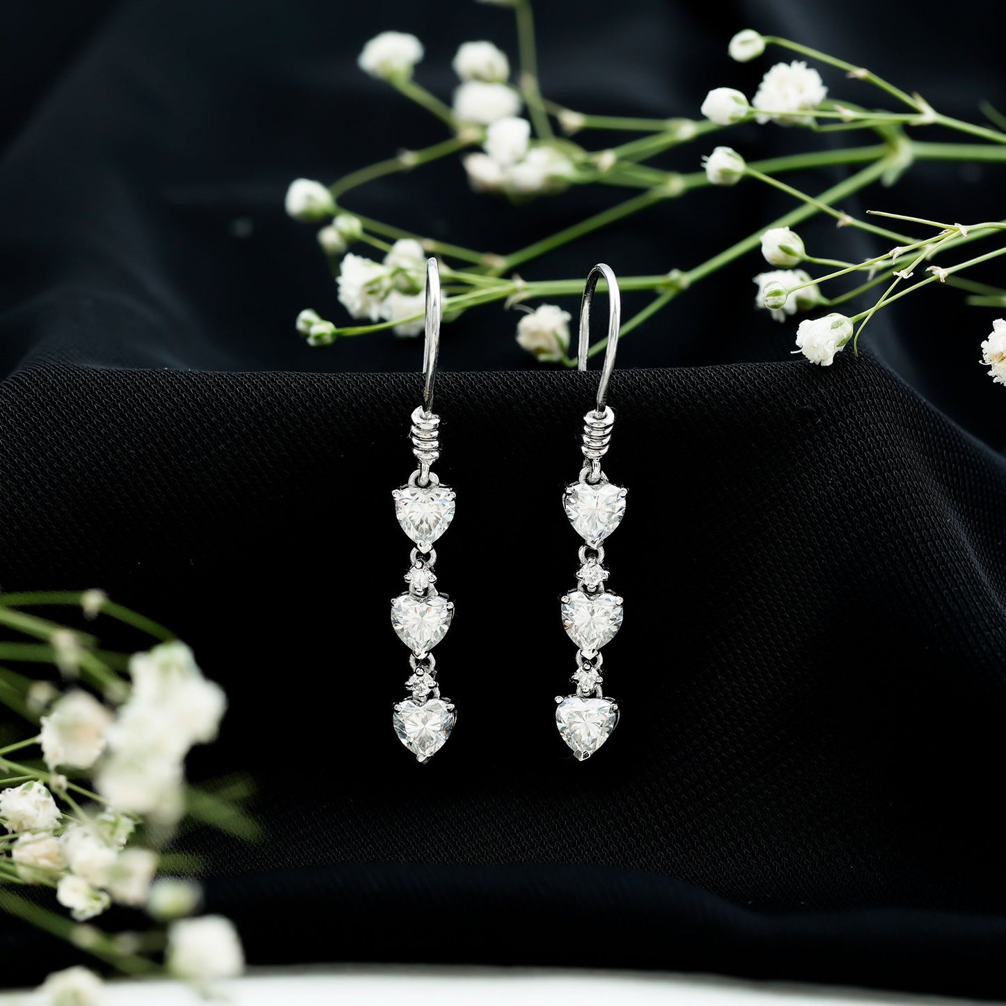 Certified Lab Heart Shaped Diamond Fish Hook Dangle Earrings