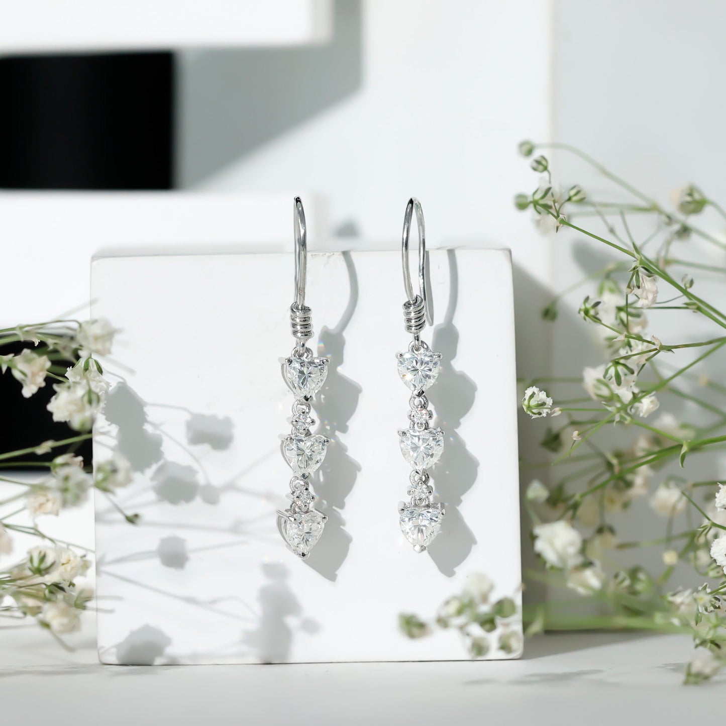 Certified Lab Heart Shaped Diamond Fish Hook Dangle Earrings