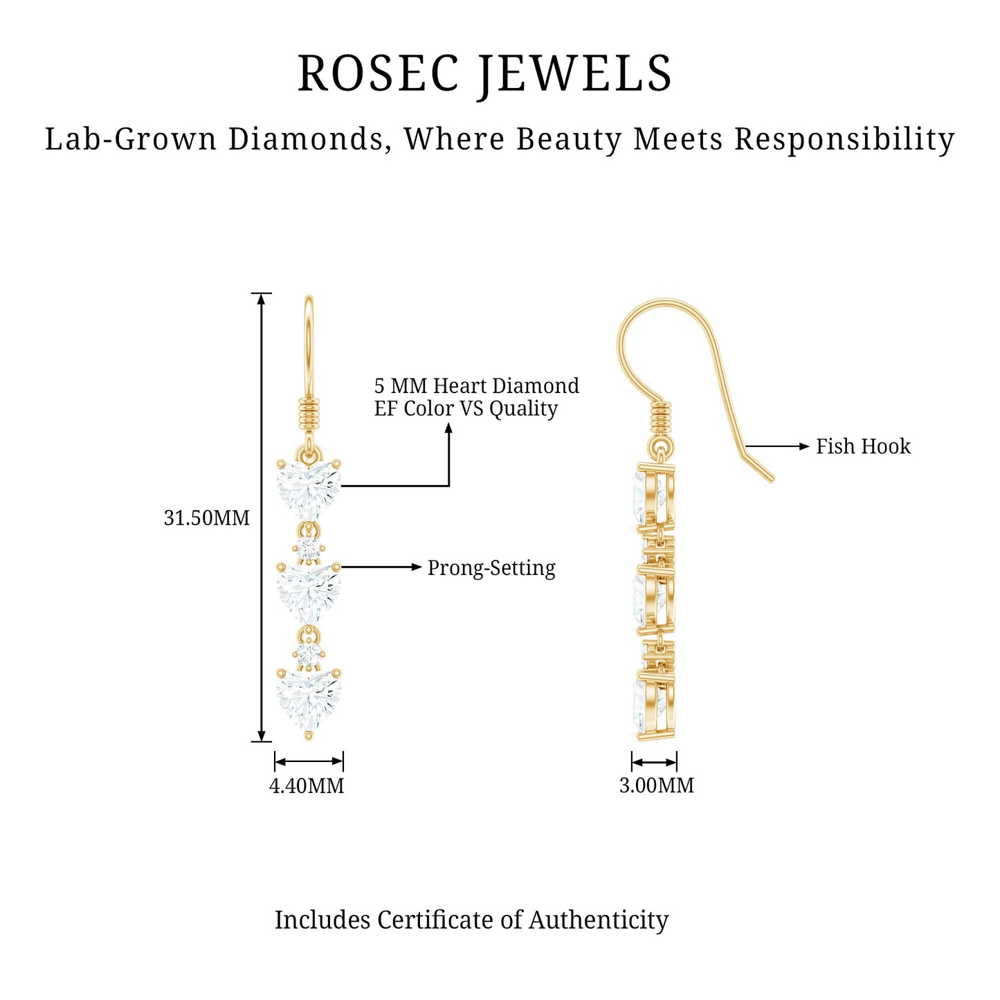 Certified Lab Heart Shaped Diamond Fish Hook Dangle Earrings