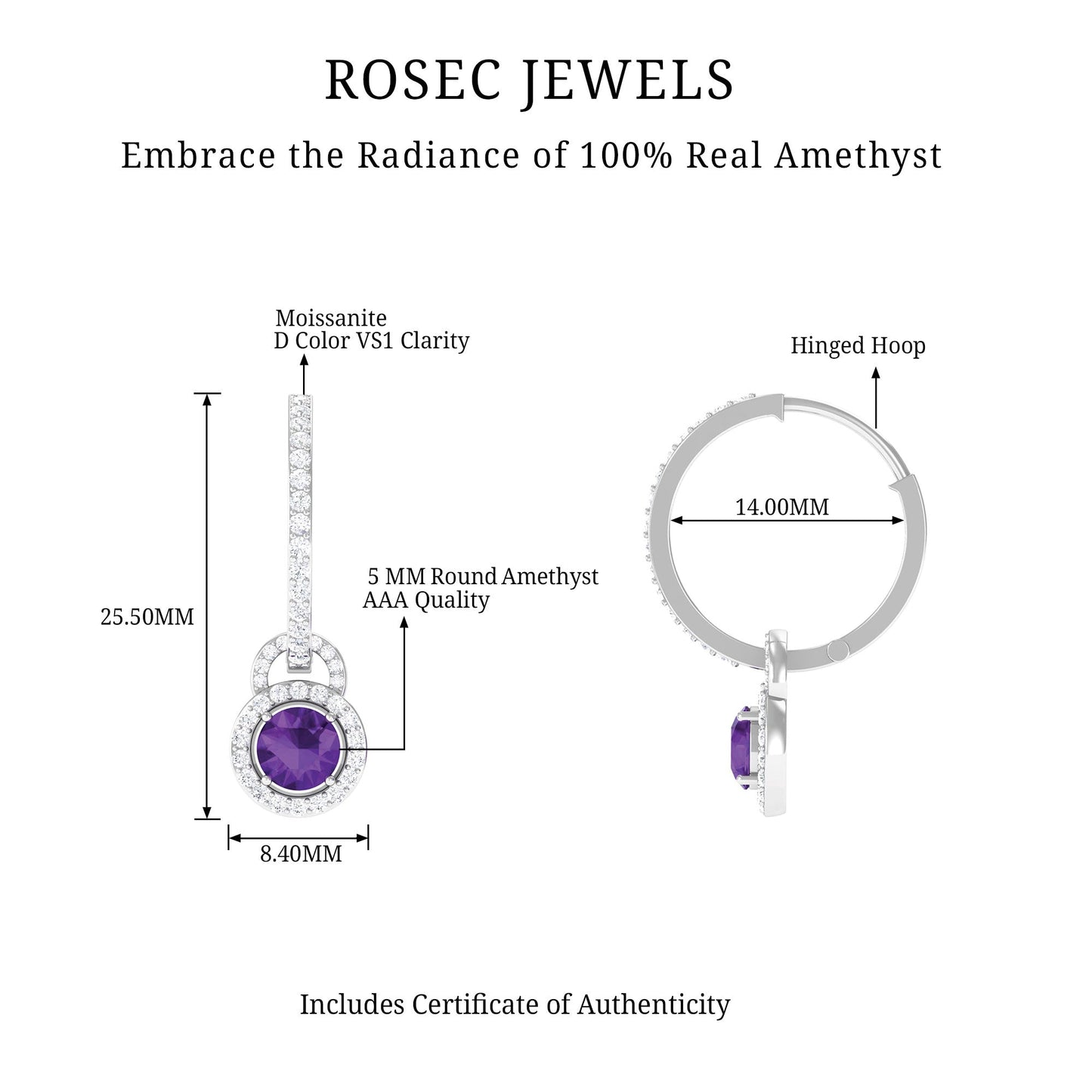 Real Amethyst Drop Hoop Earrings with Moissanite Halo