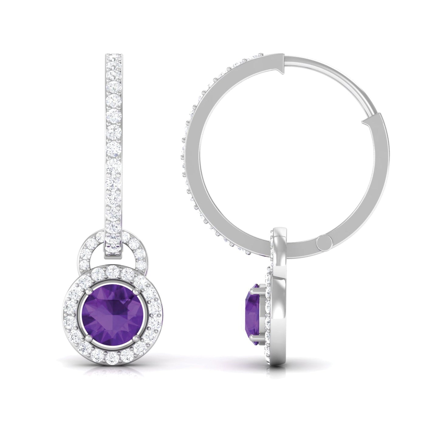 Real Amethyst Drop Hoop Earrings with Moissanite Halo