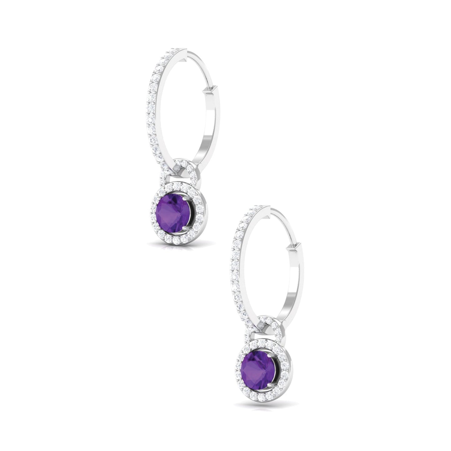 Real Amethyst Drop Hoop Earrings with Moissanite Halo