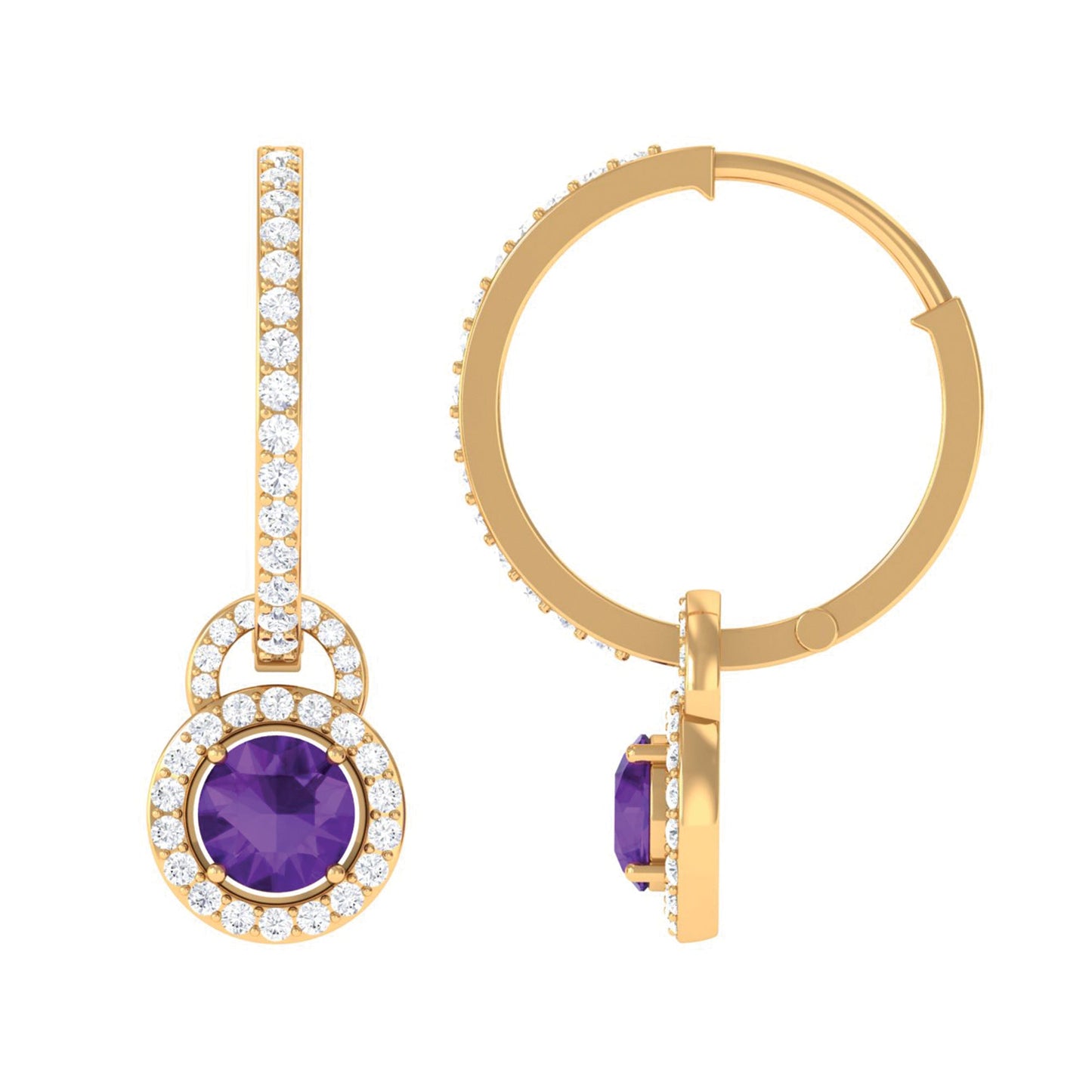 Real Amethyst Drop Hoop Earrings with Moissanite Halo