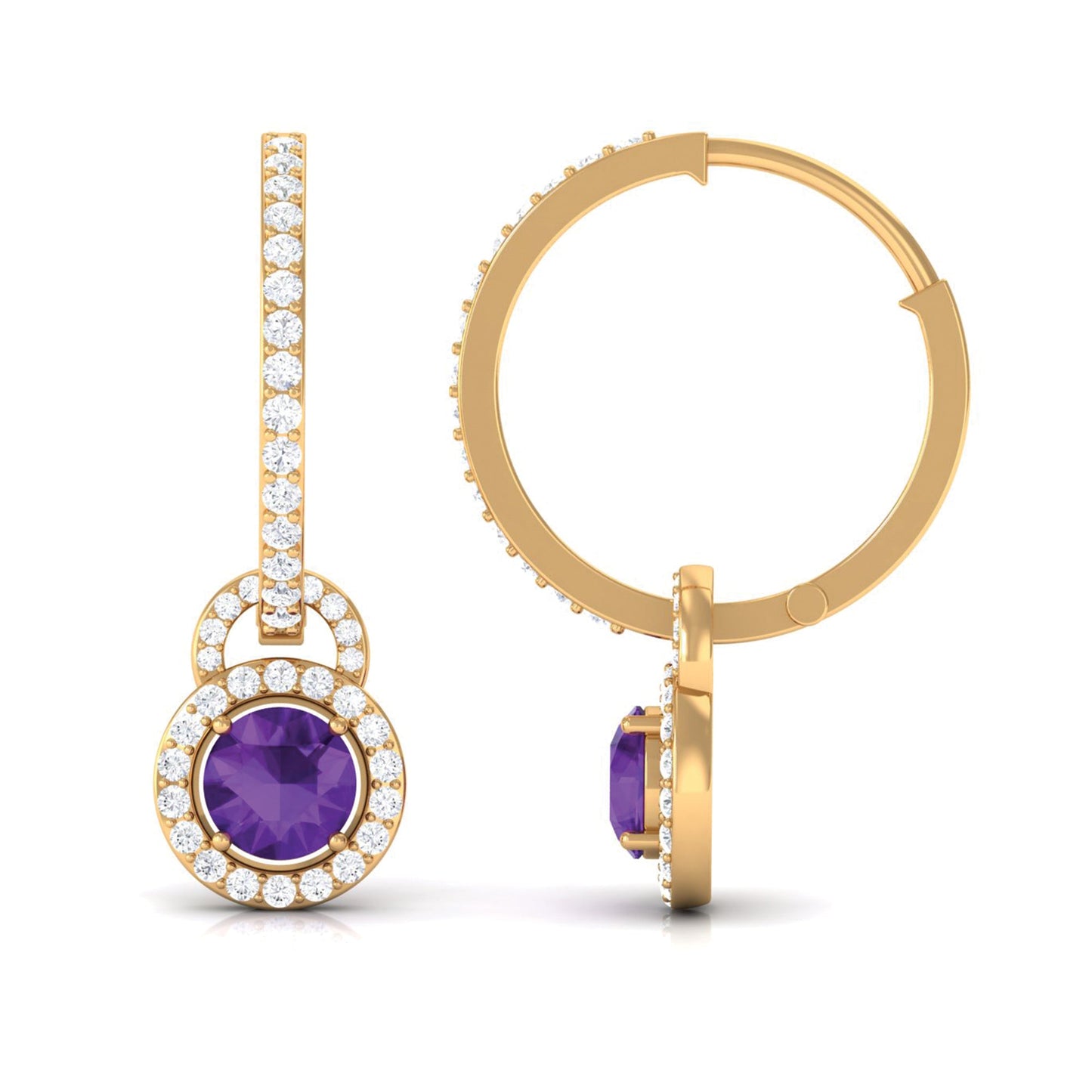 Real Amethyst Drop Hoop Earrings with Moissanite Halo