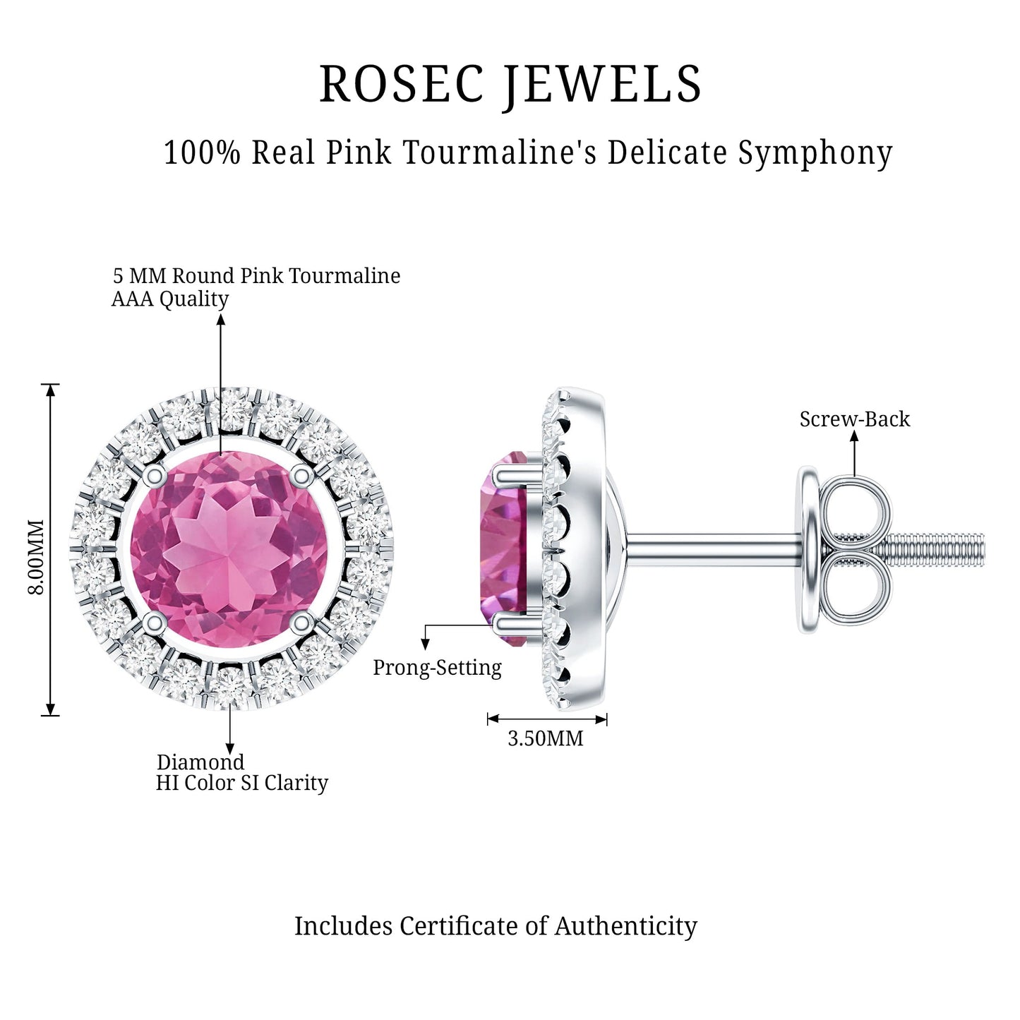 Natural Pink Tourmaline and Diamond Halo Stud Earrings