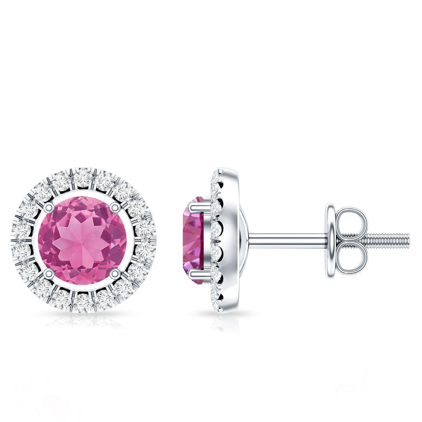 Natural Pink Tourmaline and Diamond Halo Stud Earrings