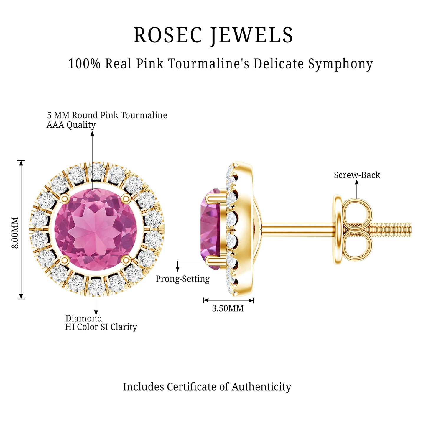 Natural Pink Tourmaline and Diamond Halo Stud Earrings